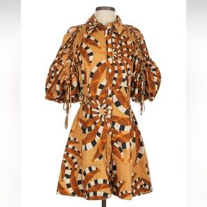 FARM Rio Banana Tan, Brown & Black Spiral Puff-Sleeve Mini Dress